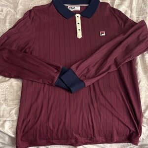Fila Men's Maroon and Navy Long Sleeve Polo